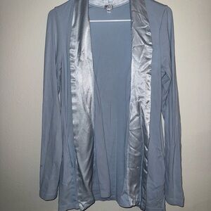 Harlow Pale Blue Satin-Trim Open Cardigan